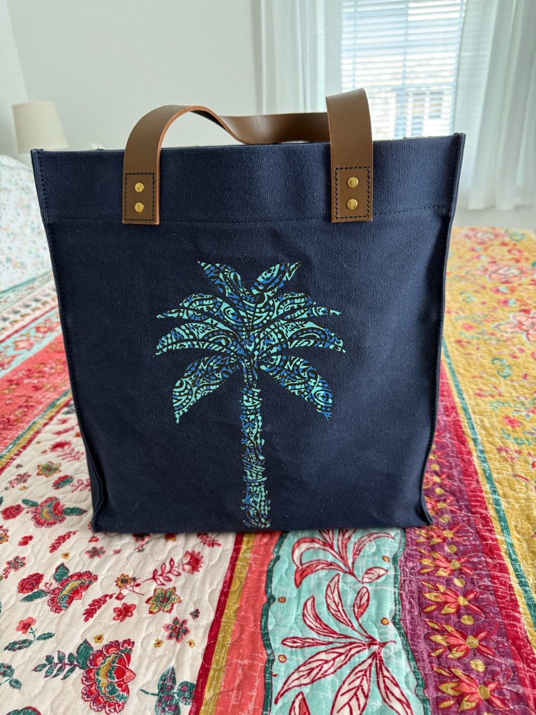 Tommy Bahama Navy Tote With Teal Palm Motif And Brown Handlel. Approx 13x12”X6”